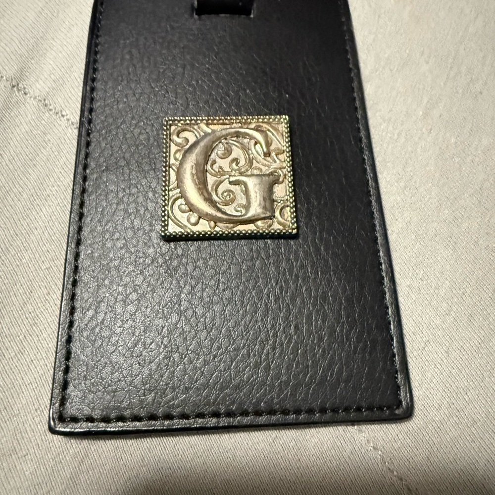 Black Leather luggage Tag with silver G monogram Emblem
